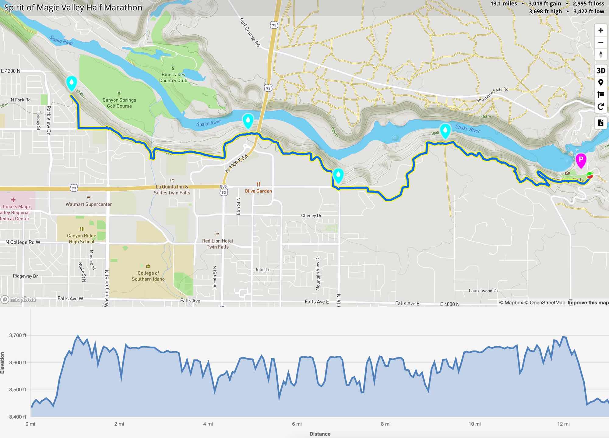 Map and elevation profile for the Spirit of Magic Valley Half Marathon